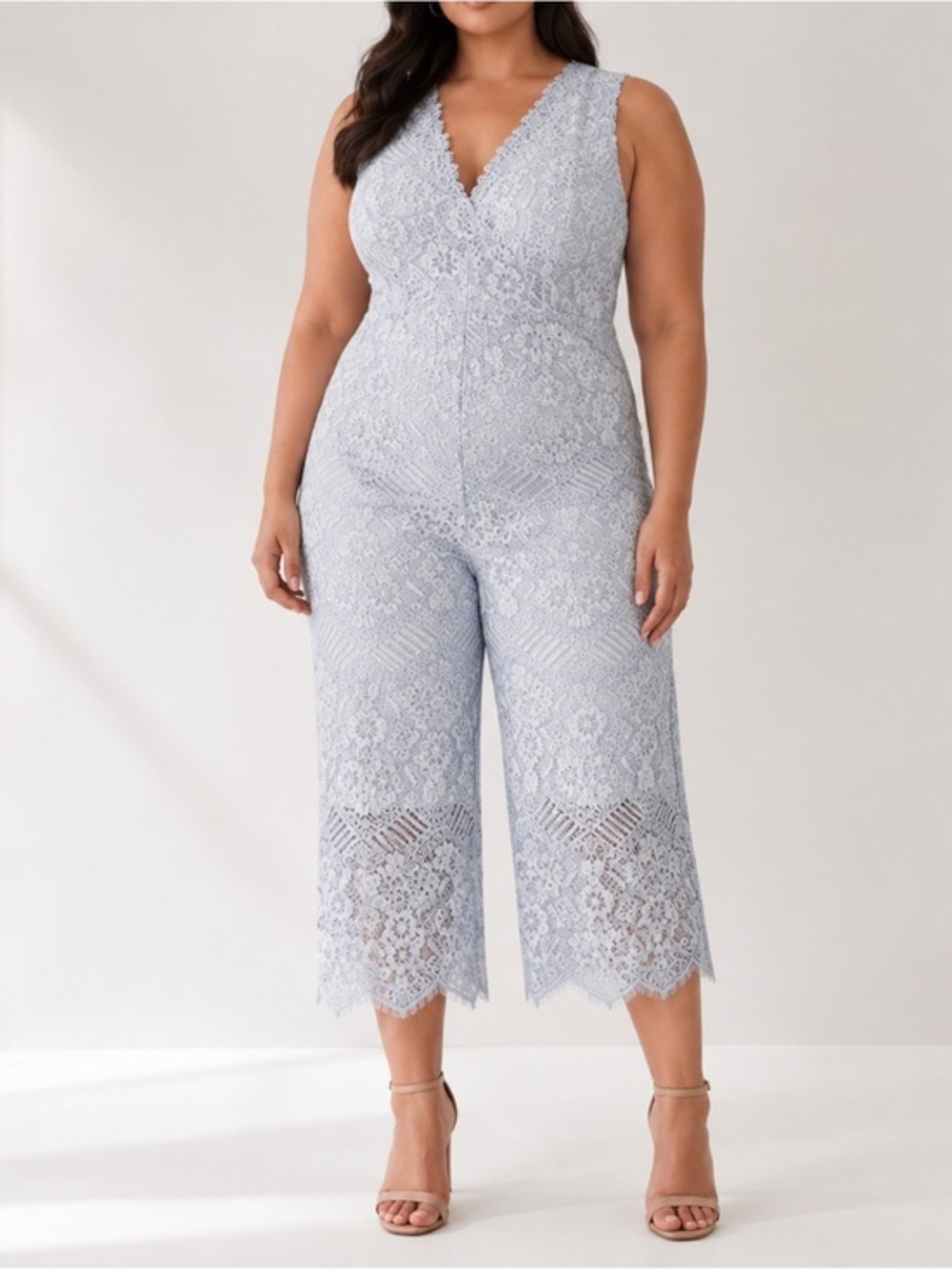 Foxiedox Lace Ice Blue V-Neck Open Back Cropped Formal Wedding Guest Jumpsuit